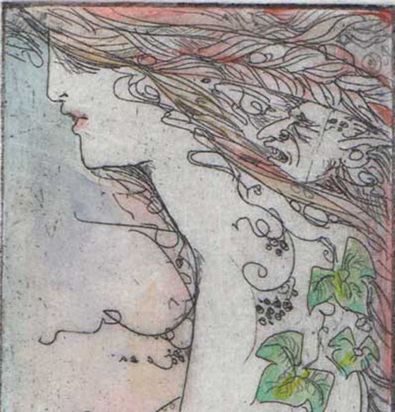 Ivy fantasy etching with a woman and goblin and ivy leaves
