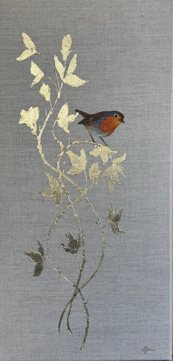 Robin on Golden Ornamental Roses by Hannah Bruce