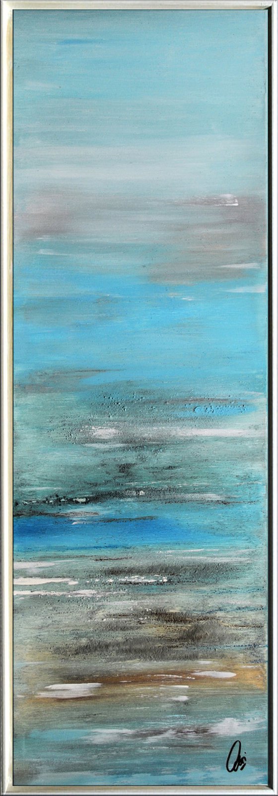 Memories II - abstract acrylic painting, canvas wall art, blue brown white, framed modern art