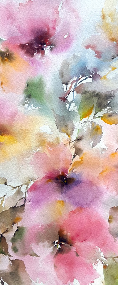 Bright multicolored bouquet, watercolor flower painting "Flower breeze" by Olga Grigo