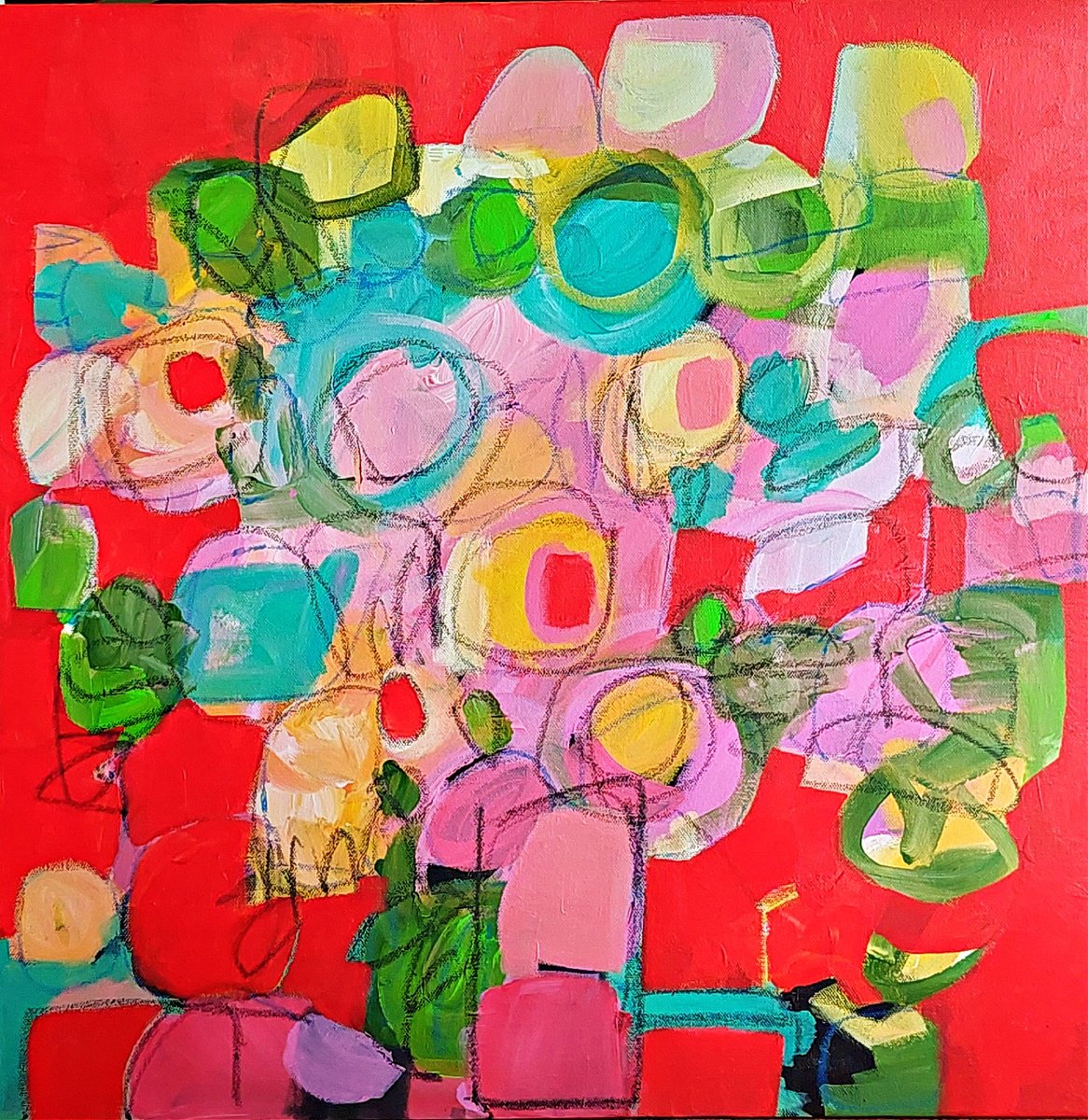 Abstract Floral on Red by Jan Rippingham