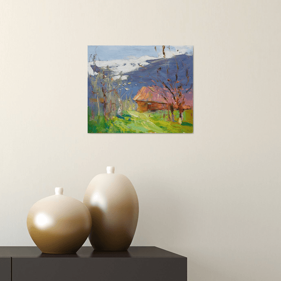 Spring in the mountains . Small house in the village Original oil painting