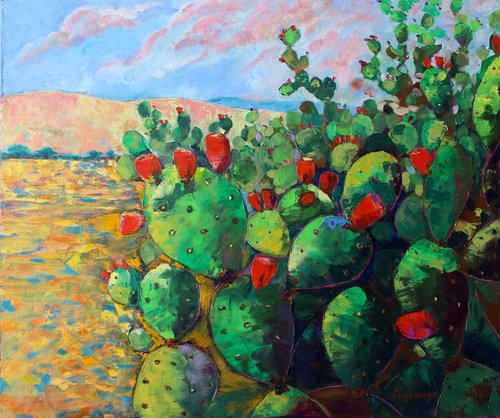 Desert cactus - Cactus oil painting landscape by Ola Bogakovsky