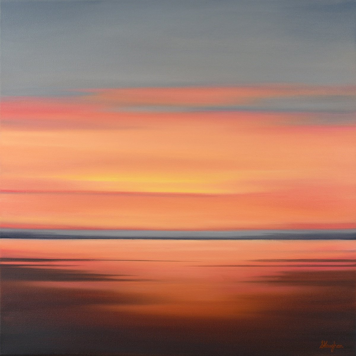 Impressionistic Landscape Oil Painting By Suzanne Vaughan, 24 X 24", Coastal Glow - Sunset Beach, Original Artwork