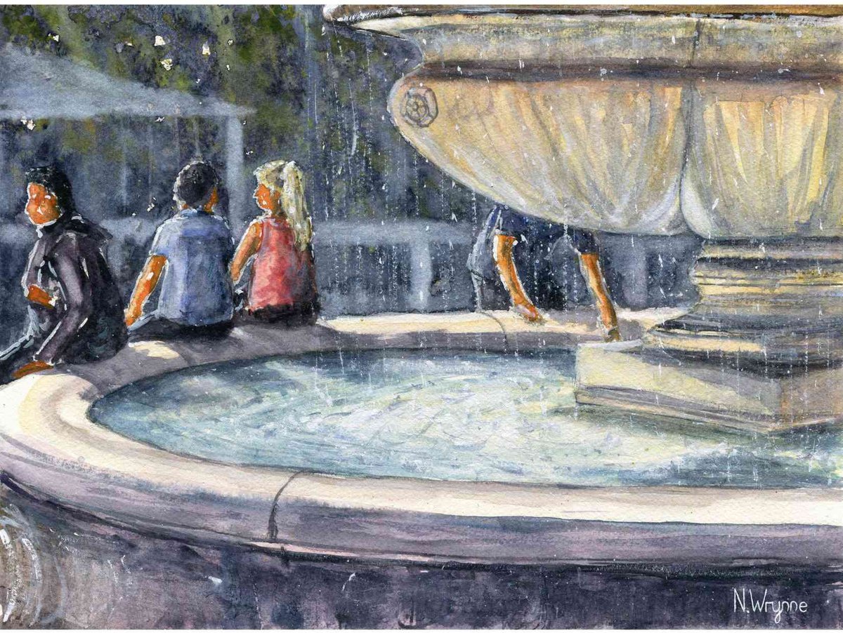 Original Watercolour Art - BESIDE THE FOUNTAIN - Sun people Painting by Neil Wrynne