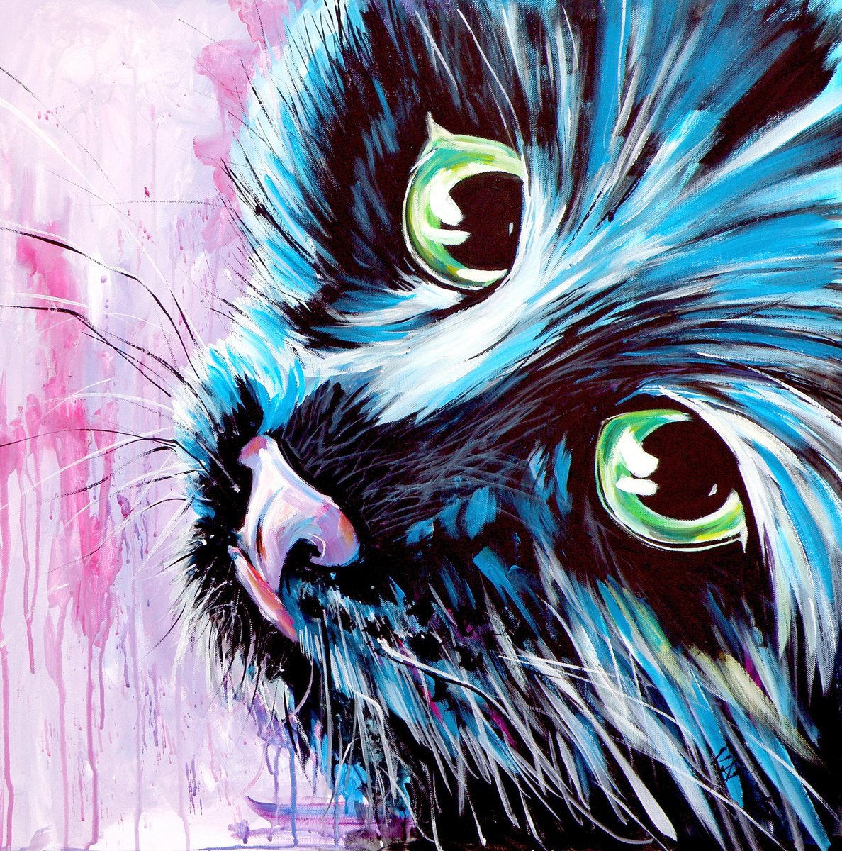 Impressionistic Animal Acrylic Painting By Kovacs Anna Brigitta, 28 X 28", Cute Black Kitten, Original Artwork