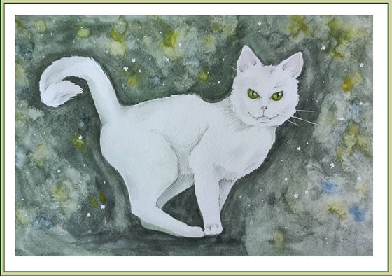 White cat. Watercolor painting on paper. Original artwork by Svetlana Vorobyeva