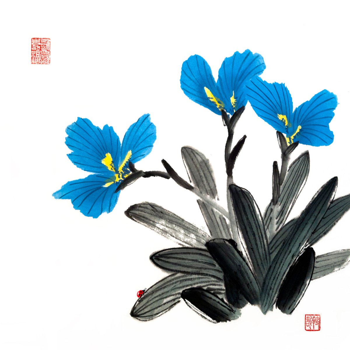 Blue irises and red ladybug - Oriental Chinese Ink Painting by Ilana Shechter