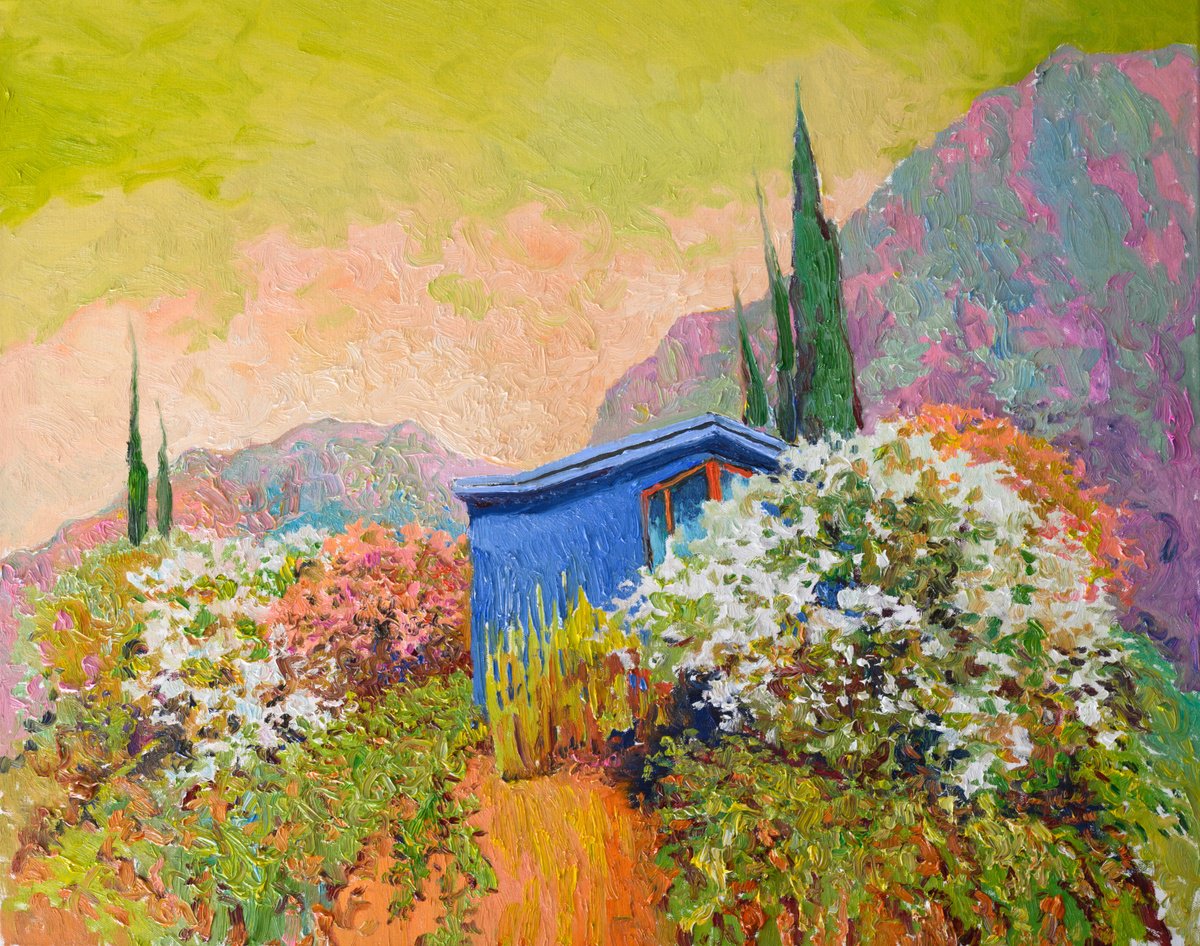 Expressive Landscape Oil Painting By Suren Nersisyan, 30 X 24", Oleanders And Blue House, Original Artwork