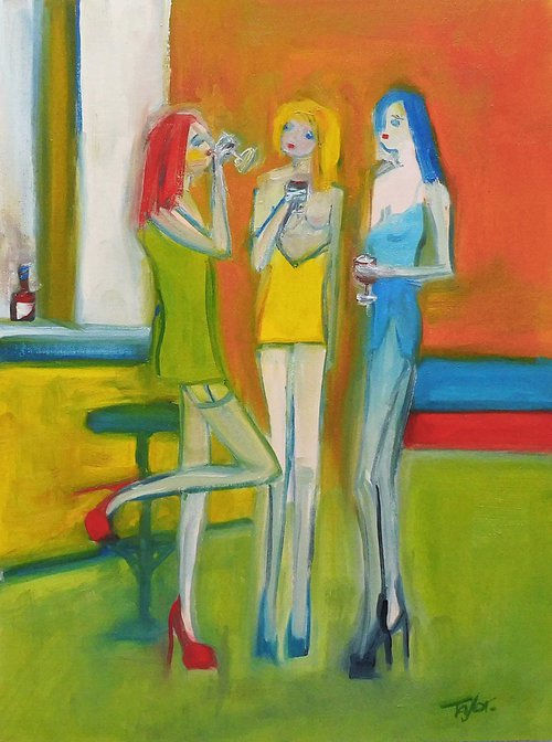 FEMALE FASHION MODELS, BAR, RED WINE. Original Female Figurative Oil Painting. Varnished. by Tim Taylor