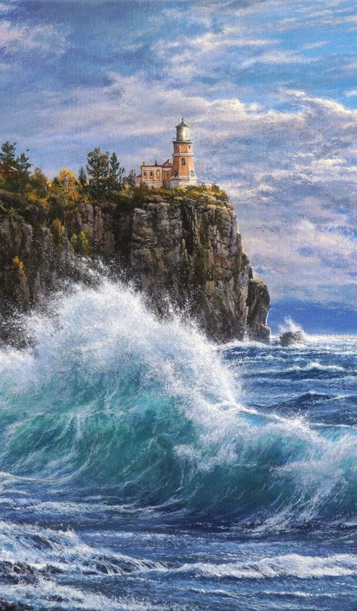 Lighthouse at the edge of the surf by Viktar Yushkevich YUVART