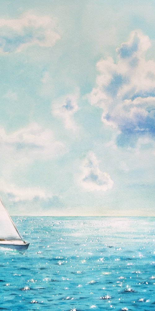 Sailboat - Yacht Art  - seasca by Olga Beliaeva Watercolour