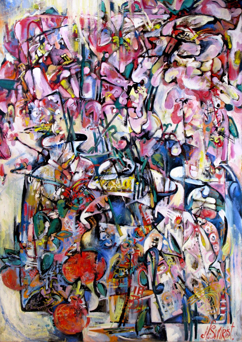 Expressive Still Life Oil Painting By Nikifor Swiristuhin, 37 X 52", Vases., Original Artwork