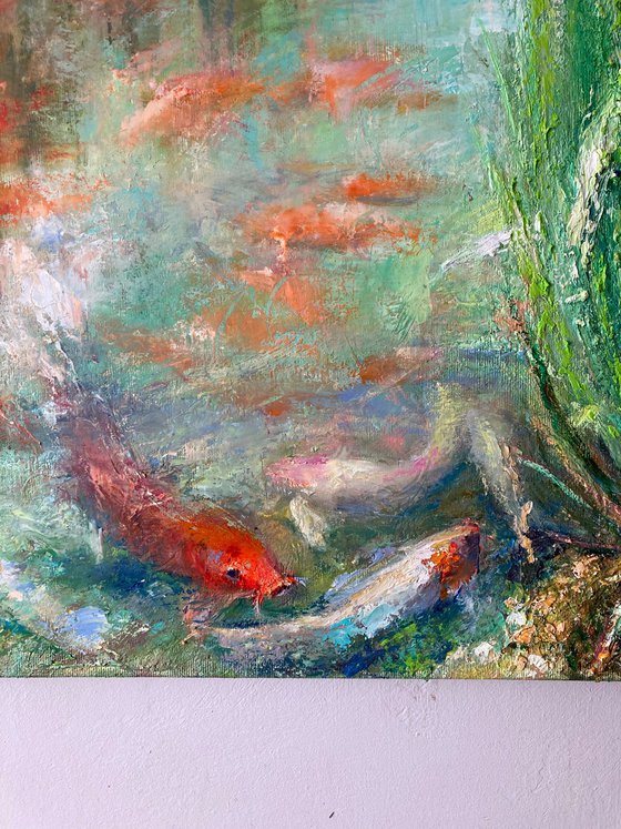 Nature in red and green . Japanese garden . Original oil painting