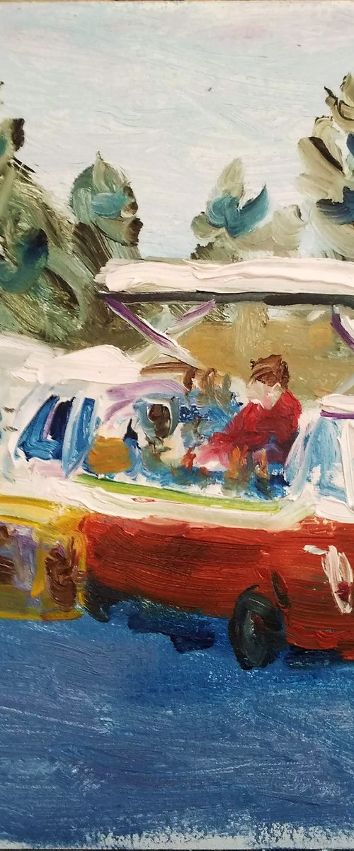 Mobile coffee shop in the retro van. Plein Air Painting by Dmitry Fedorov