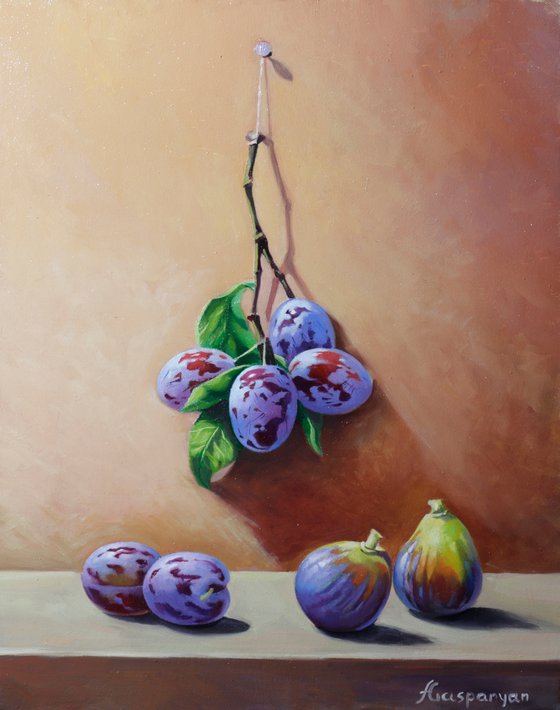 Still life plums and figs (24x30cm, oil painting, ready to hang)