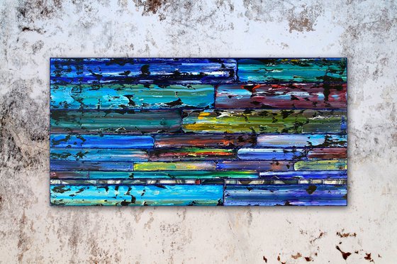 "Cooling It Down" - Original PMS Large Assemblage Sculptural Painting On Wood and Marbled Glass Backsplash Tile - 48 x 24 inches