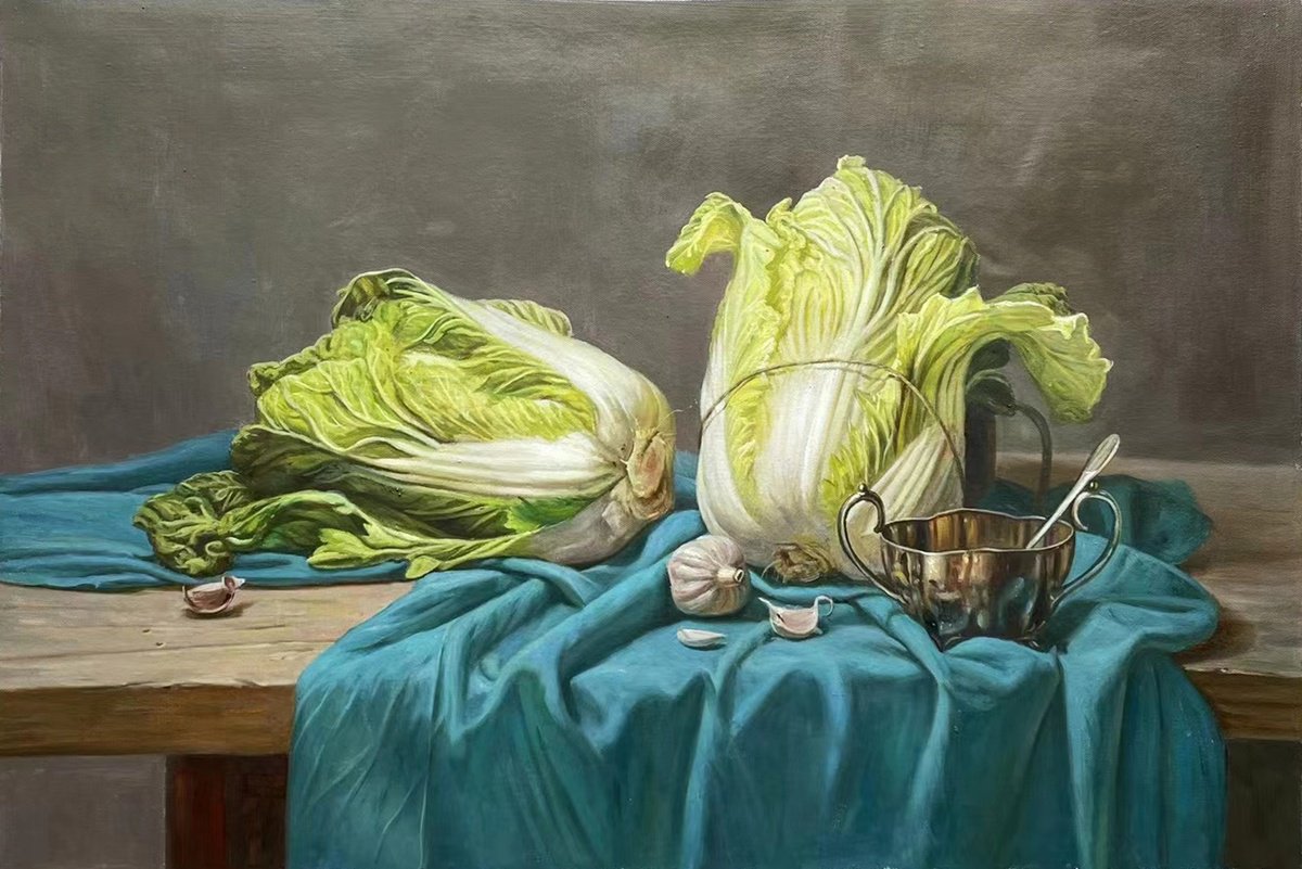 Photorealistic Still Life Oil Painting By Kunlong Wang, 35 X 24", Chinese Cabbages C206, Original Artwork