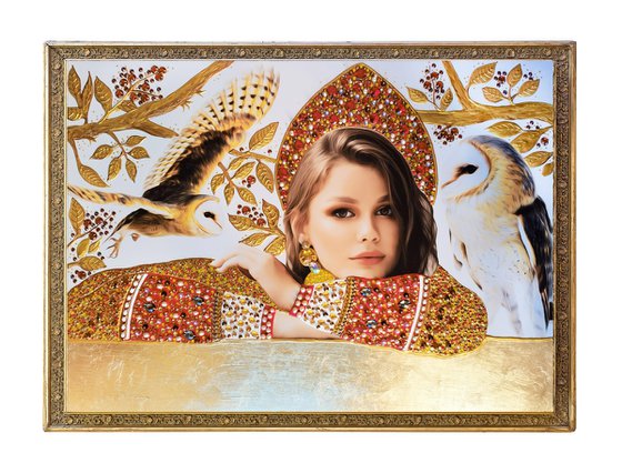 Queen \ Princess - Mixed media photo collage with precious stones, rhinestones, gold petal