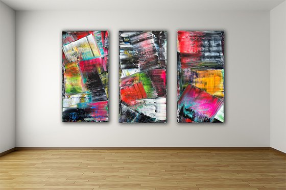 "Screaming In Color" - Save As A Series - Original PMS Xt Large Abstract Acrylic Painting Triptych On Canvas - 72" x 48"