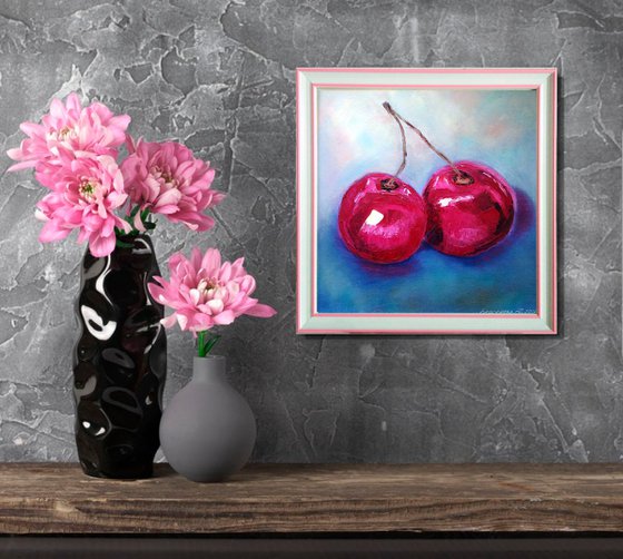 Cherry Painting Original Art Fruit Artwork Berries Still Life Wall Art Couple Cherries Painting