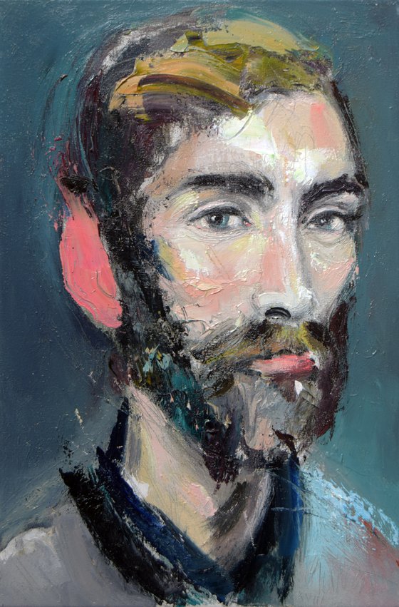 Portrait of a bearded man with a burning ear