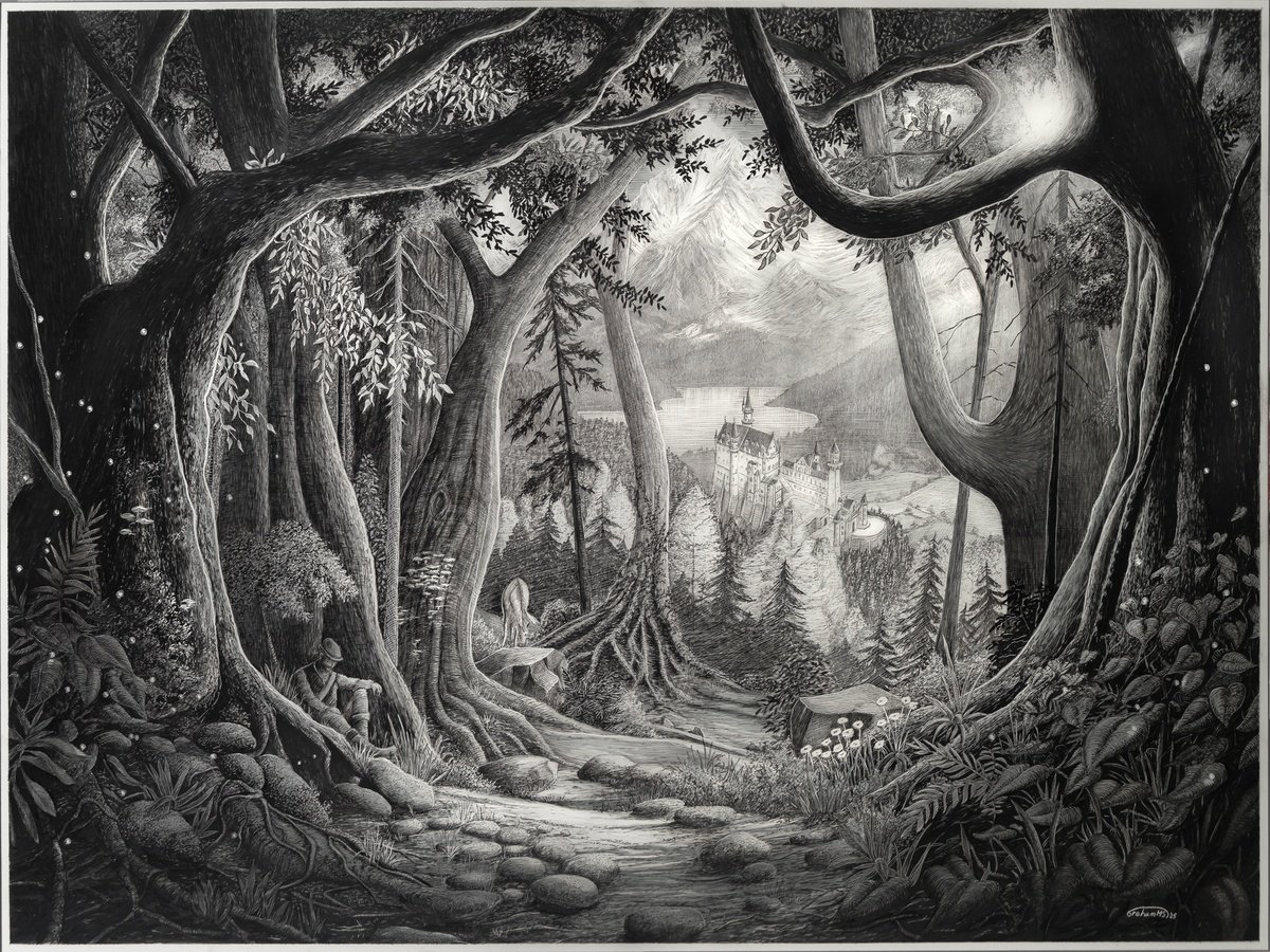 Illustrative Landscape Ink Drawing By Graham Mckenzie-Smith, 24 X 18, The Castle, Original Artwork