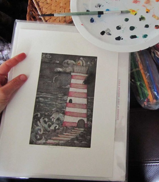 Lighthouse Keeper gorgeous hand colored limited edition etching hand colored with poem