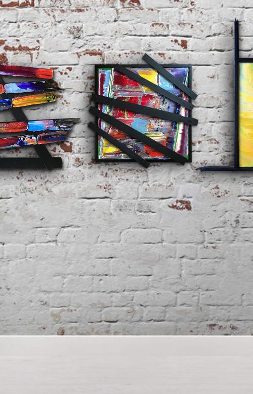 "Makeshift" - Save As A Series - Original PMS Mixed Media Sculptural Paintings On Canvas and Wood, Framed - 91 x 36 inches by Preston M. Smith (PMS)