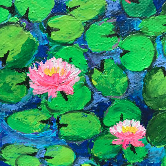Pink Water lilies -1 !! Blue textured Art   !! Miniature !! Office Decor!! Small Painting!! Floral Art