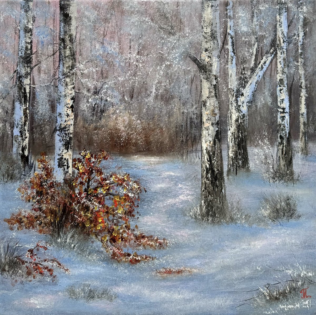 Abstract Landscape Oil Painting By Tanja Frost, 16 X 16", Meeting Winter, Original Artwork