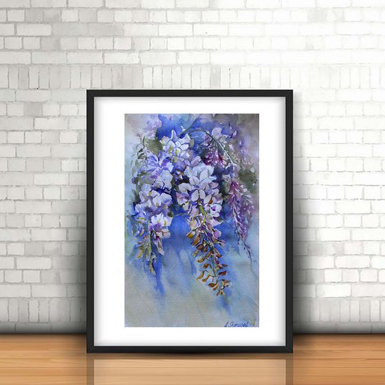 Watercolor flowers, original hand painting, Wisteria, floral fine art, wall art, apartment decor, gift for woman, artwork, nature, botanical