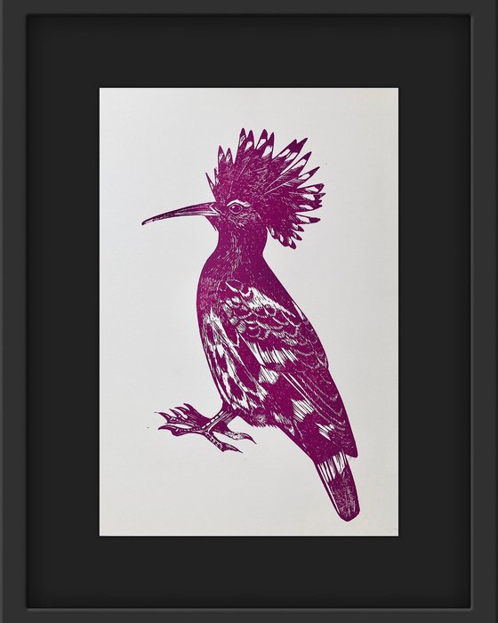 Pink Hoopoe Bird Linocut
