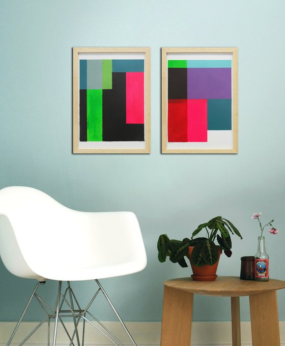 Diptych - Art on Paper - Incl Frame - Cubistic Modern Pink - 26A