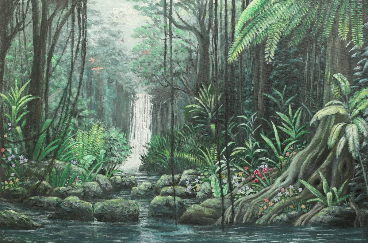 Photorealistic Landscape Acrylic Painting By John Howes, 24 X 16, Rainforest With Waterfall., Original Artwork