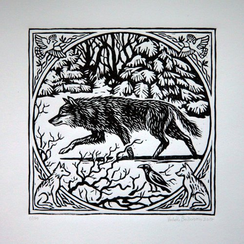 Wolf linocut print. by Valdis Baskirovs
