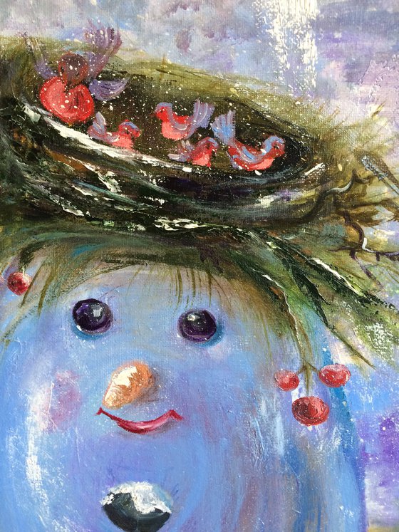 Snowman original oil painting - Nursery wall art - Winter gift idea