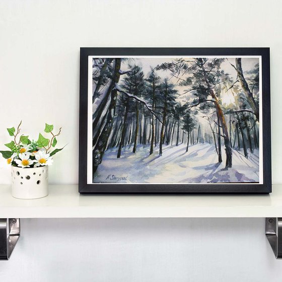 Watercolor painting landscape Winter forest, pines trees, snow, original artwork