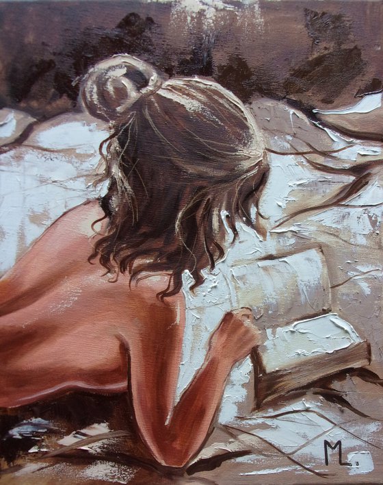 " READING IN BED II ...  " book lover original painting ROOM  palette knife GIFT brown