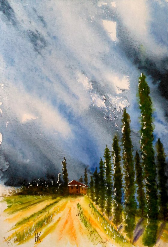 Tuscany Painting Landscape Original Art Poplar Trees Watercolor Artwork Farm House Small Home Wall Art