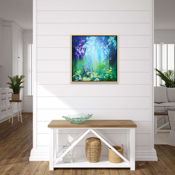 TROPICAL RAINFOREST I. Orchid Flowers Acrylic Square Painting on Canvas