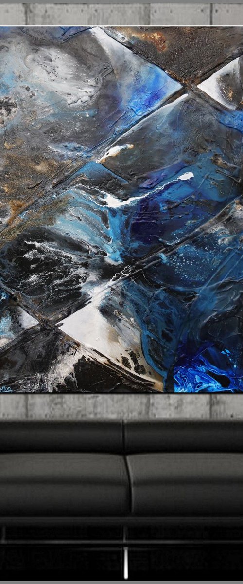 Ink Clash 140cm x 100cm Blue Black Textured Abstract Art by Franko