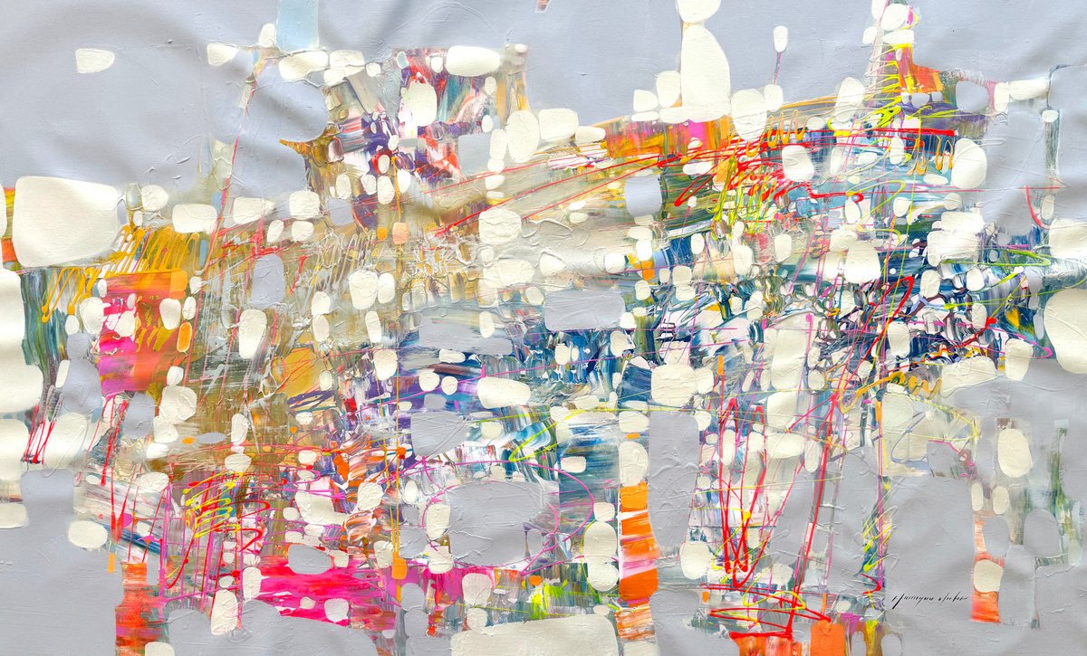 Abstract Oil Painting By Vahe Yeremyan, 56 X 34", Silver Serenity, Original Artwork