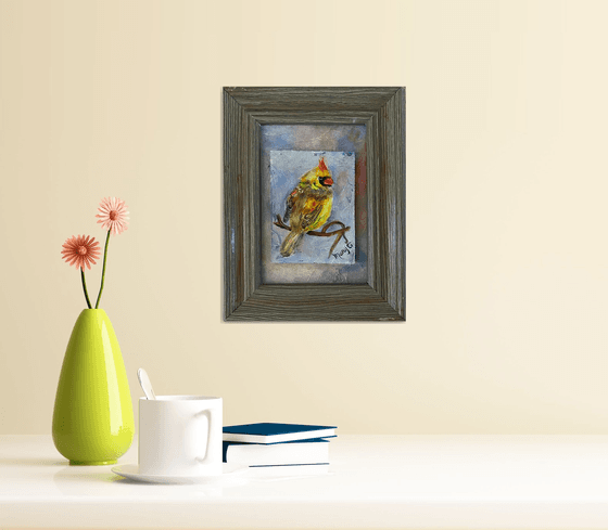Female Cardinal Original Oil Painting Driftwood frame 4x6