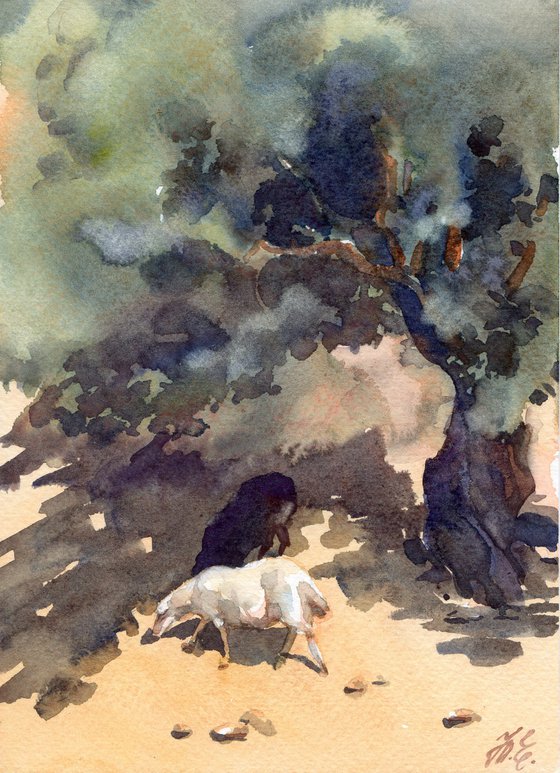 Two sheep under the tree, watercolor sketch of animals