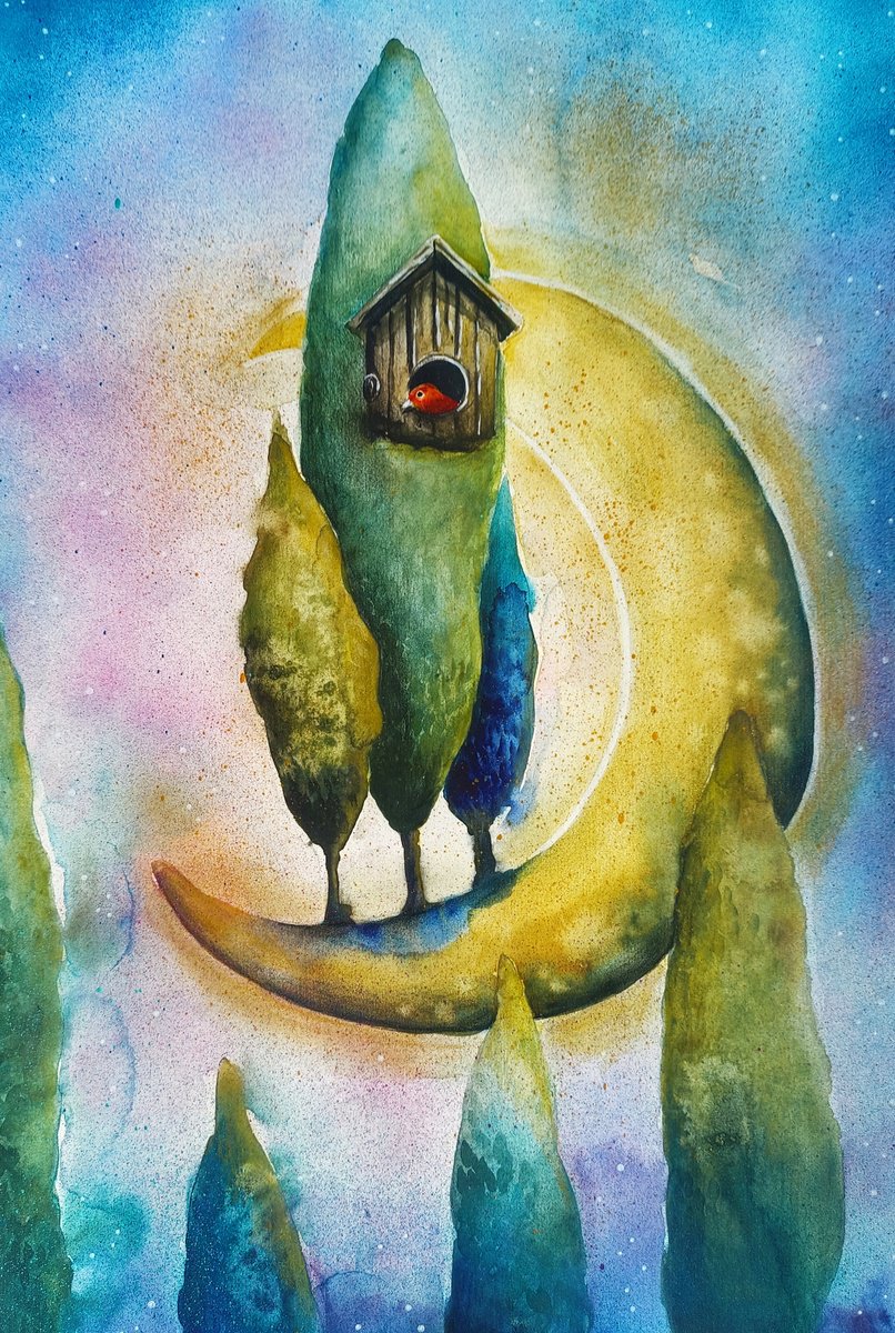 Surrealistic Landscape Painting By Evgenia Smirnova, 15 X 22, Between Trees And Stars, Original Artwork