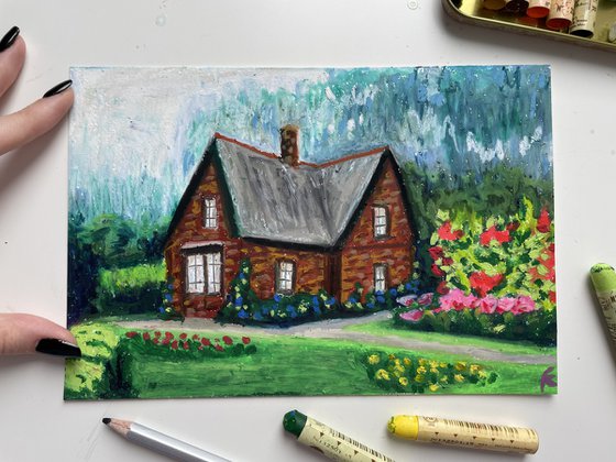 Cottagecore Original Painting, Cozy House Oil Pastel Drawing, Cottage Garden Illustration