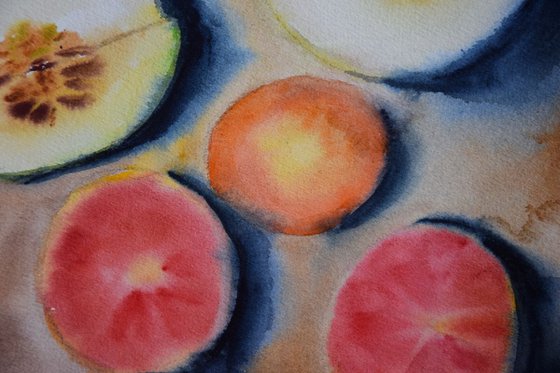 Fruits still life wet watercolor painting Papaya, melon and grapefruits, Kitchen wall art