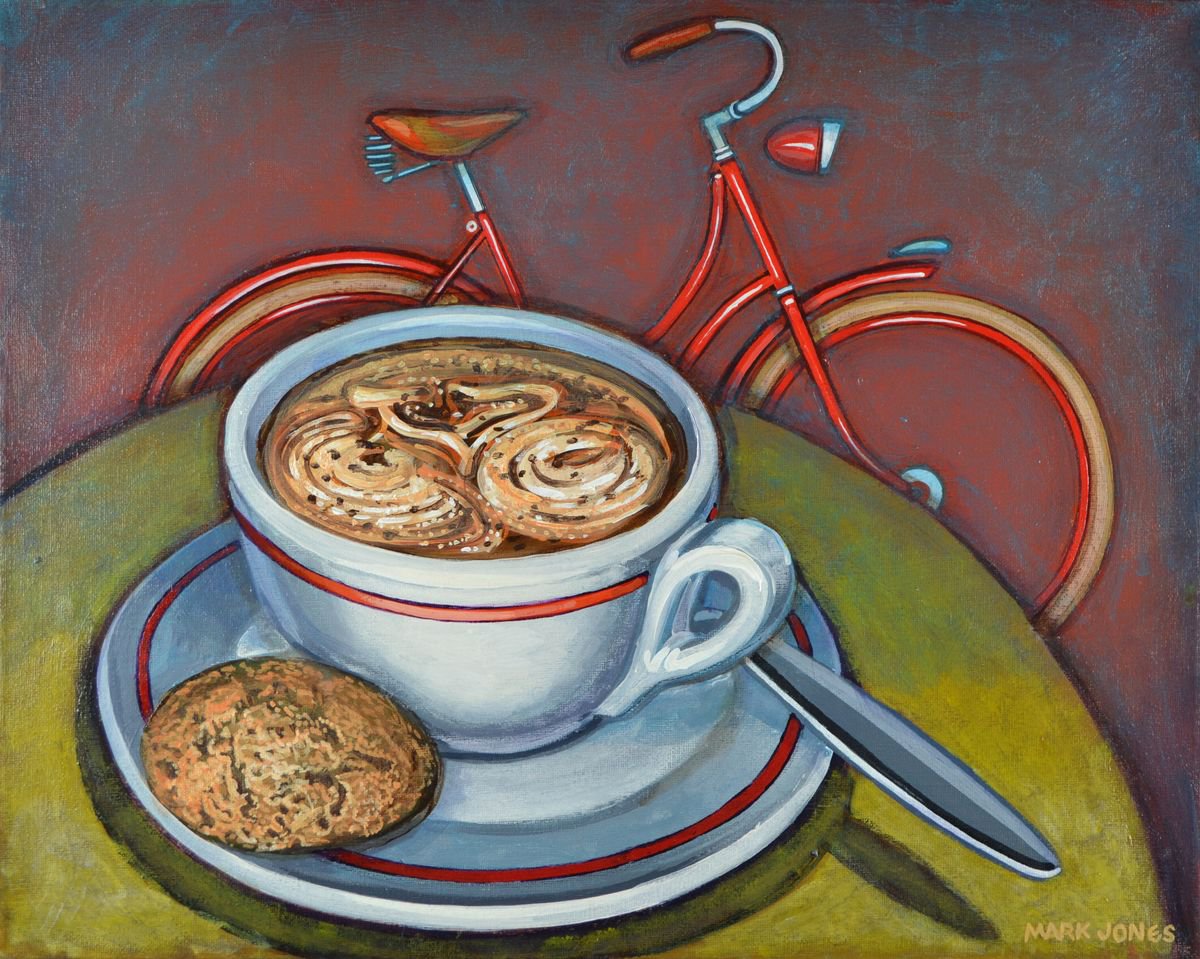Red Dutch Bicycle with Cappuccino and Amaretti by Mark Howard Jones