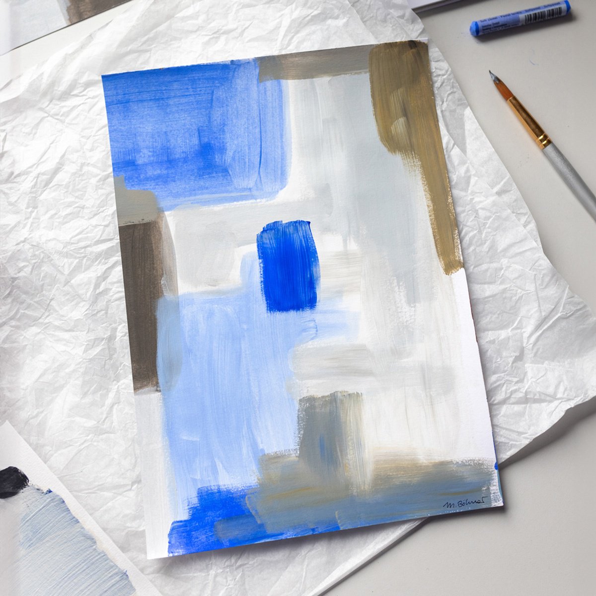 Geometric Abstract Acrylic Painting By Mareike Bohmer, 8 X 11", Abstract Brush Strokes 310, Original Artwork